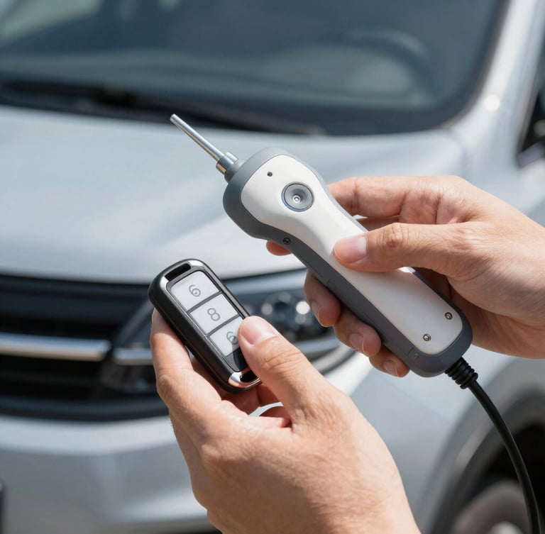 Close-up of professional hands using a high-tech diagnostic tool to program a modern car key fob inside a vehicle, sharp focus, bright daylight