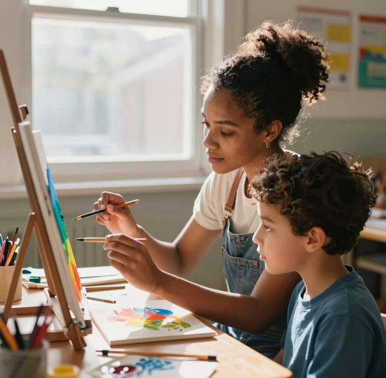 Medium shot of a young female artist of color teaching a child how to paint, warm sunlight streaming through a classroom window, candid moment of connection, rich saturated colors, 35mm editorial.
