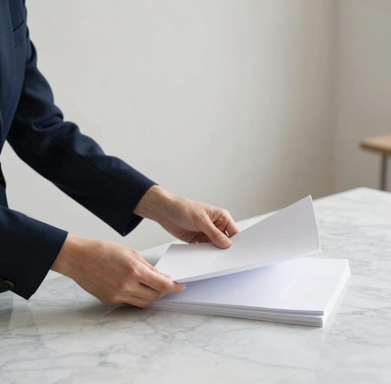 Minimalist and clean professional office workspace in Brussels, hands organizing crisp white documents on a marble table, soft natural daylight, deep navy and muted gold tones, editorial 35mm