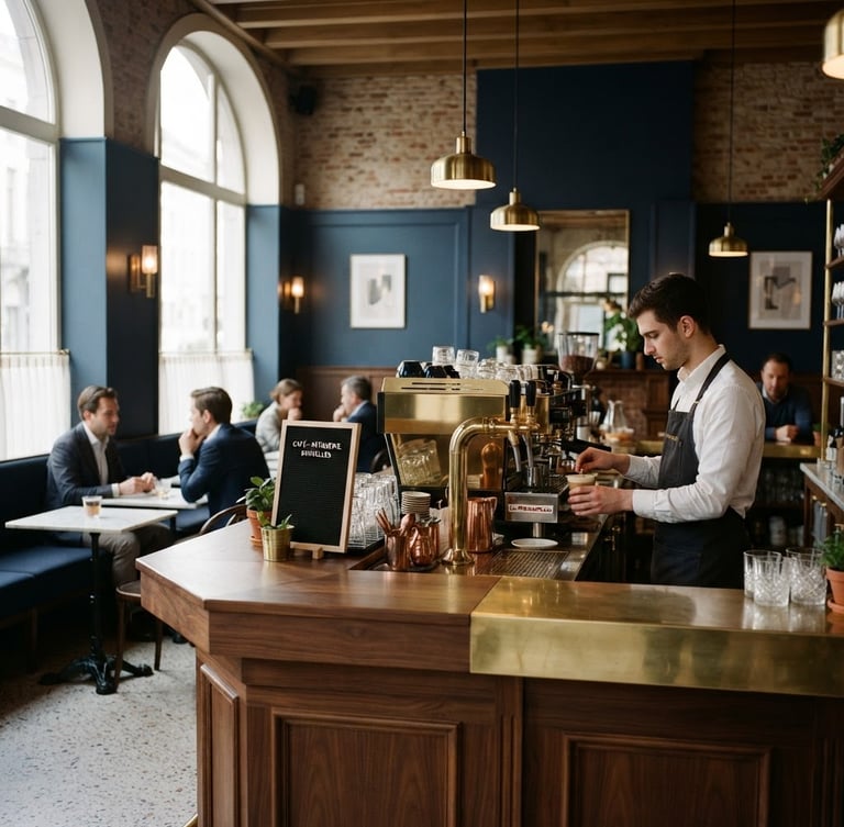 Elegant interior of a refined Brussels cafe, soft morning light illuminating a polished wooden counter, minimalist brass details, deep navy accents, professional editorial photography, 35mm