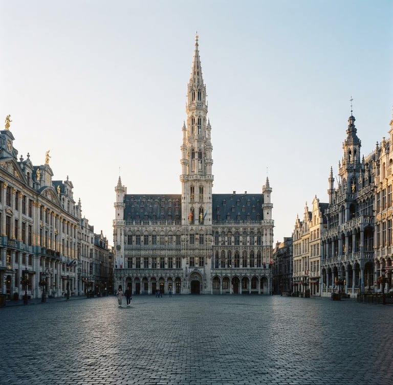 High-end editorial photograph of the iconic Grand-Place of Brussels in the morning, soft natural light, clean composition, deep navy and muted gold tones, 35mm