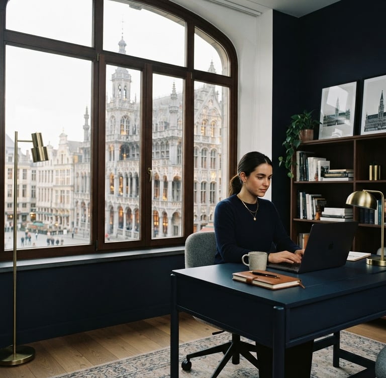 Elegant minimalist vector illustration of the Grand-Place Brussels architecture combined with editorial photography of professional workspace, soft natural daylight, deep navy tones, 35mm