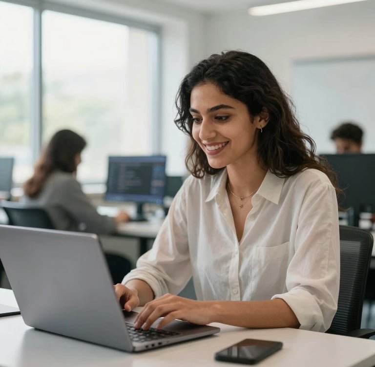 A professional Egyptian female student smiling while coding on a laptop in a bright classroom, modern workspace background, natural window light, shallow depth of field, 35mm