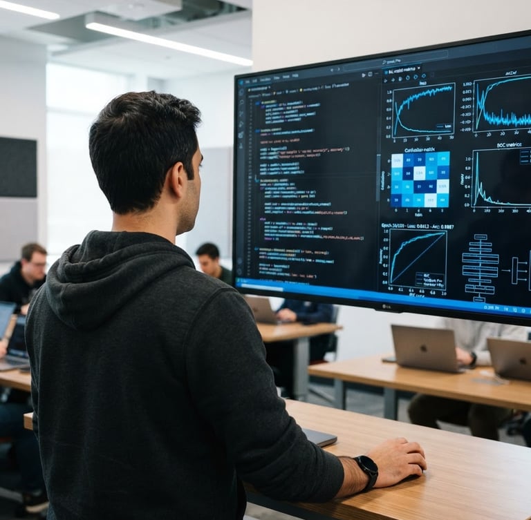 Over-the-shoulder shot of a developer analyzing complex AI code and machine learning model metrics on a large high-contrast screen in a modern tech classroom, bright electric blue accents, shallow depth of field, 35mm