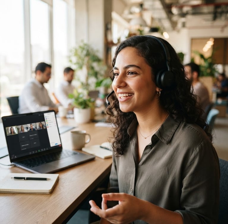 Close-up of a young Egyptian professional smiling while speaking into a headset in a modern, brightly lit co-working space, laptop open with clean interface, natural daylight, professional editorial photography, shallow depth of field, 35mm