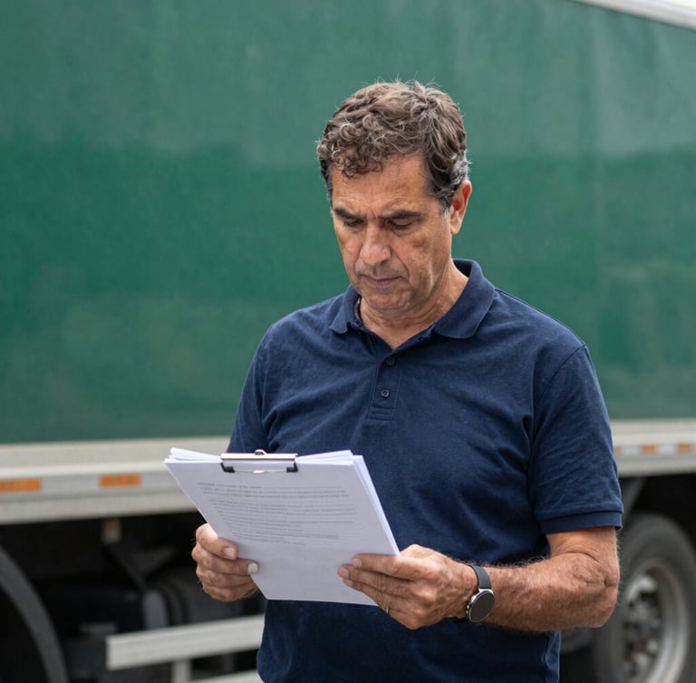 Medium-close portrait of Roberto Conte reviewing documents on a clipboard against the backdrop of a truck, natural daylight, documentary style, 35mm lens.
