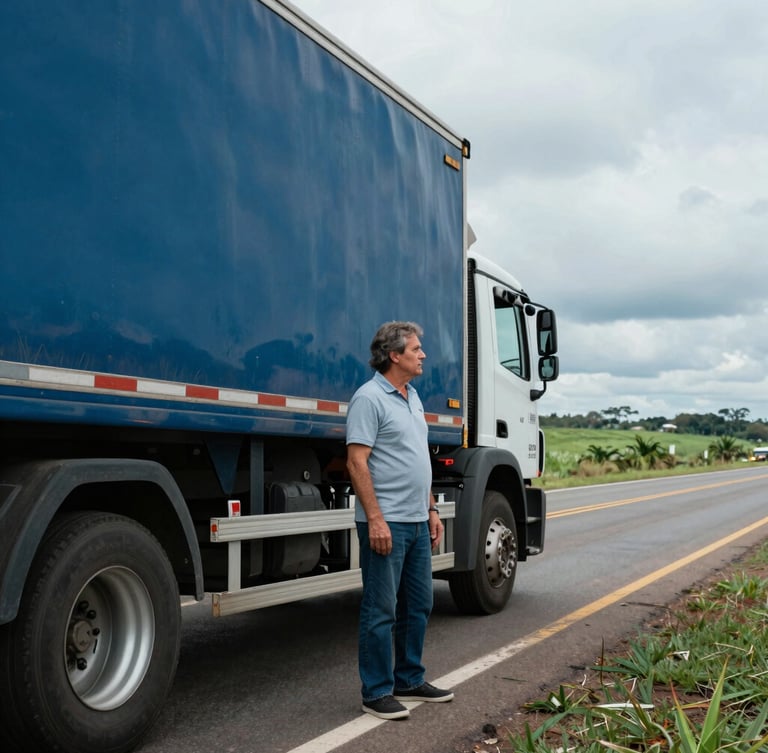 Roberto Conte standing next to a large transport truck on the side of a highway in Paraná, looking towards the horizon, natural daylight, authentic editorial style.