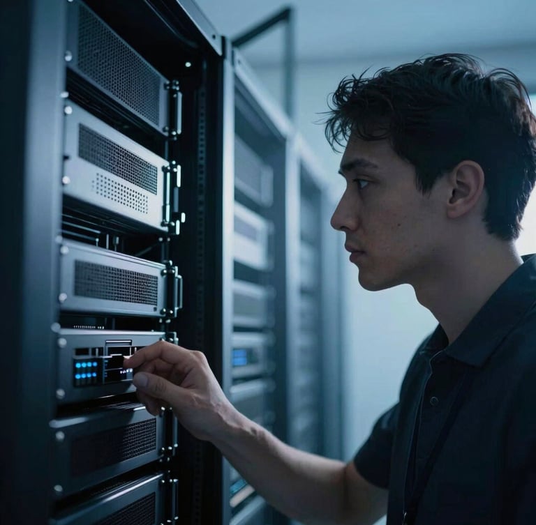 Low-key, moody portrait of a technical specialist looking at server racks, cool blue and white lighting, sharp geometric angles, 35mm