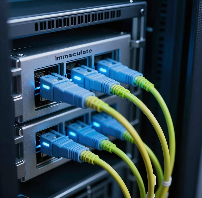 Immaculate enterprise server rack with perfect neon-blue and lime-green cable management, macro close-up of fiber optic connections glowing, cool-toned high-contrast lighting, architectural depth.