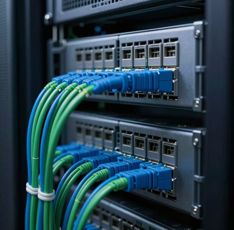 Macro close-up of immaculate server racks in a dark data center, organized blue and green fiber optic patch cables, cool atmospheric LED lighting, high contrast.