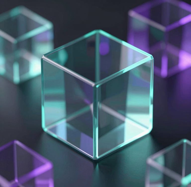 Macro isometric 3D perspective of translucent glass geometries reflecting neon cyan and violet light beams, dark obsidian background, sharp focus, depth of field.