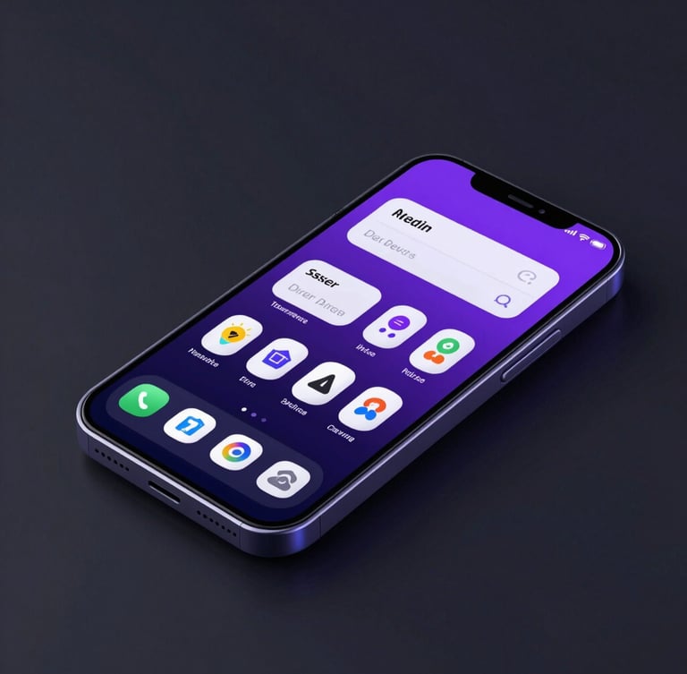 Sleek 3D render of an isometric Android phone UI showing clean system telemetry, dark ambient studio lighting with neon purple screen glow, high contrast.