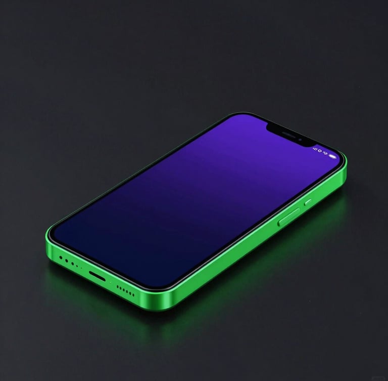 Sleek 3d render of a minimalist Android device interface, glowing emerald green UI borders, dark ambient studio background, sharp perspective angle