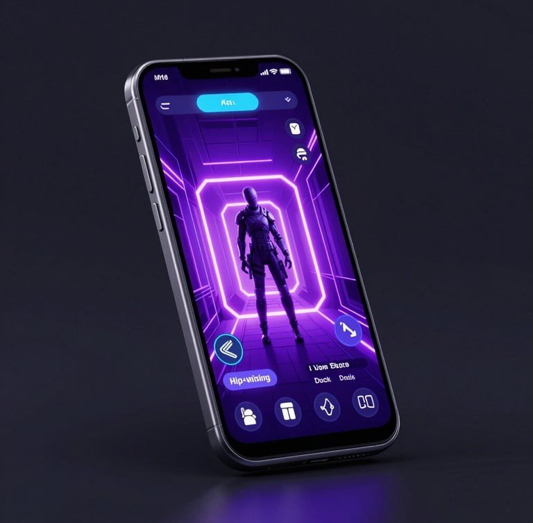 Sleek 3D render of a modern Android phone displaying a neon-lit sci-fi tactical game interface, dark ambient studio background, vibrant purple glow, isometric angle