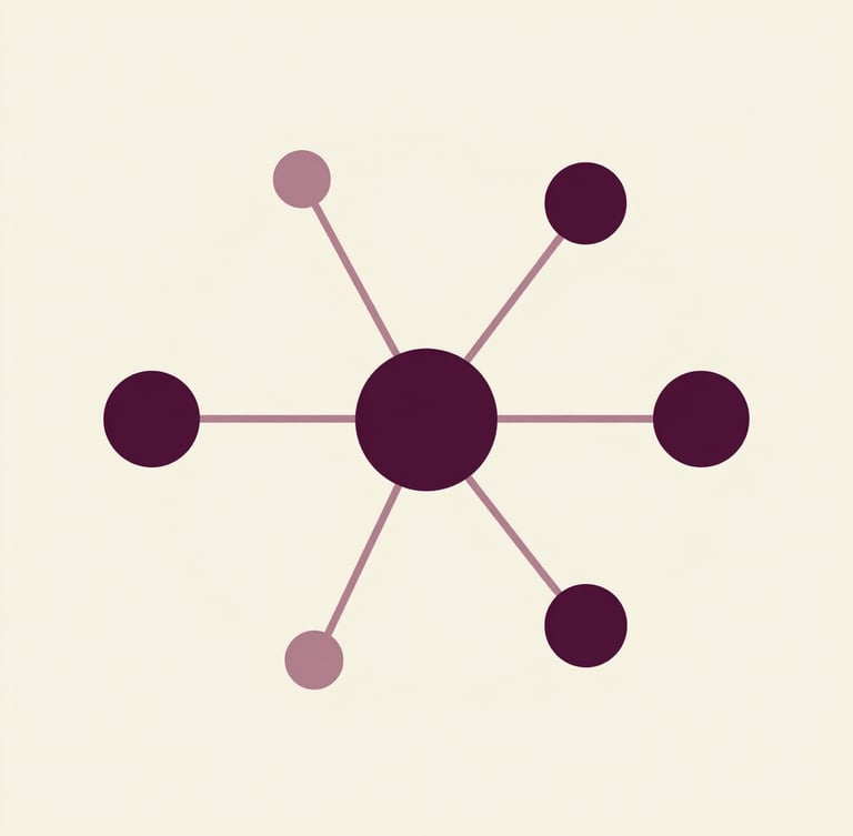 Sophisticated flat vector diagram showing interconnected digital nodes and elegant curves in dusty rose and deep plum on a warm cream background, clean editorial style.
