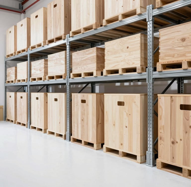 Wide-angle crisp photograph of a clean, organized modern warehouse with wooden packaging crates and industrial steel shelves, bright natural daylight