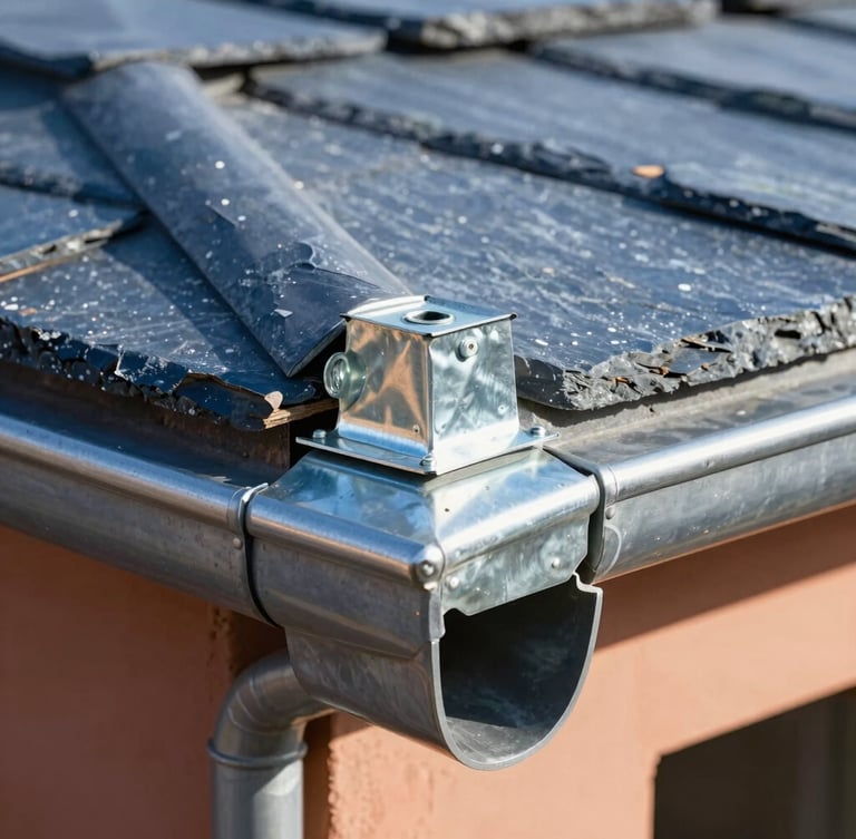 Editorial construction photography, macro shot of hand-worked zinc joints on a roof gutter, crisp morning daylight, slate blue tones, sharp focus, 35mm