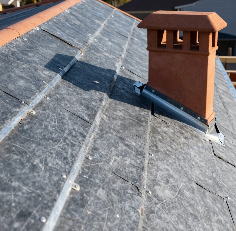 High-angle editorial construction photography of a newly laid zinc and slate roof, crisp morning daylight highlighting metallic joints, warm terracotta chimney details, sharp focus, 35mm