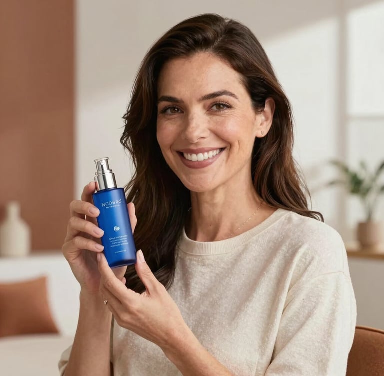 Medium portrait of Noemí Salvador smiling warmly in a bright, modern room with terracotta accents, holding a blue cosmetic bottle