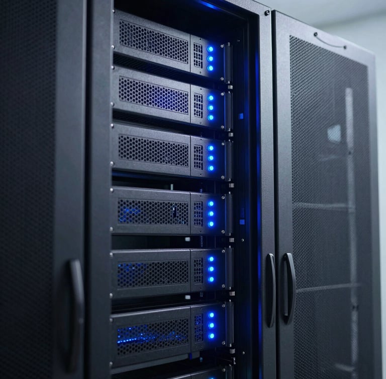 Clean server room racks with glowing blue indicators, cool directional lighting, sharp technical photography, 50mm