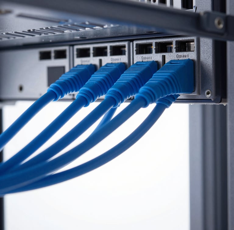 Macro photograph of heavy-duty blue fiber-optic cables entering a server rack, cool high-key studio lighting, technical minimalism, 50mm