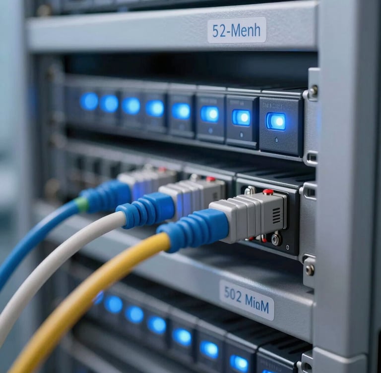 Close-up of a high-capacity fiber optic cable installation, glowing blue light indicators on a server rack in the background, sharp technical photography, cool studio lighting, 50mm