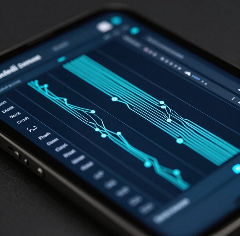 Macro close-up of a high-end personal device displaying a clean, dark-mode cybersecurity dashboard with sharp neon-cyan data flows, cool low-key lighting.