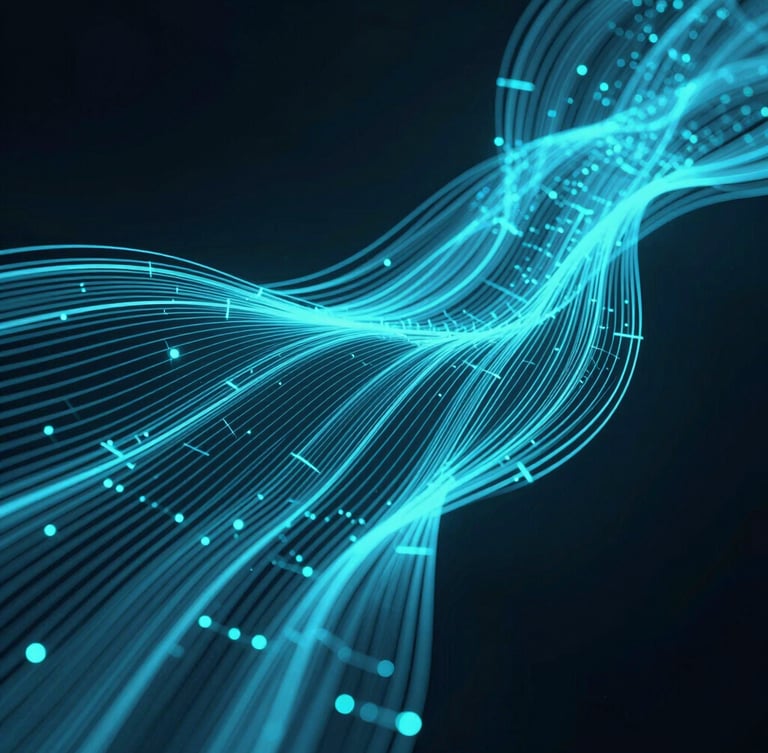 Abstract 3D render of clean, glowing data flows and digital pathways in neon-cyan over a deep obsidian background, sharp highlights, cool tones.