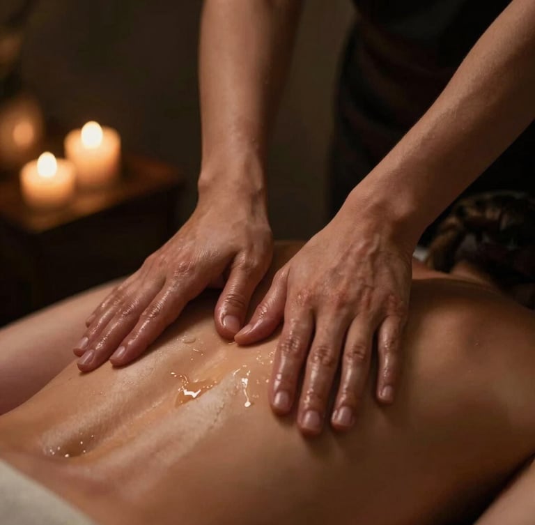 Close-up of professional therapeutic massage, hands applying warm oil to a back, low-key candlelight, rich bronze tones, shallow depth of field, 35mm