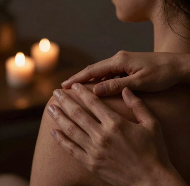Close-up of warm hands-at-work therapy on a shoulder, low-key ambient candlelight, rich bronze and charcoal tones, shallow depth of field