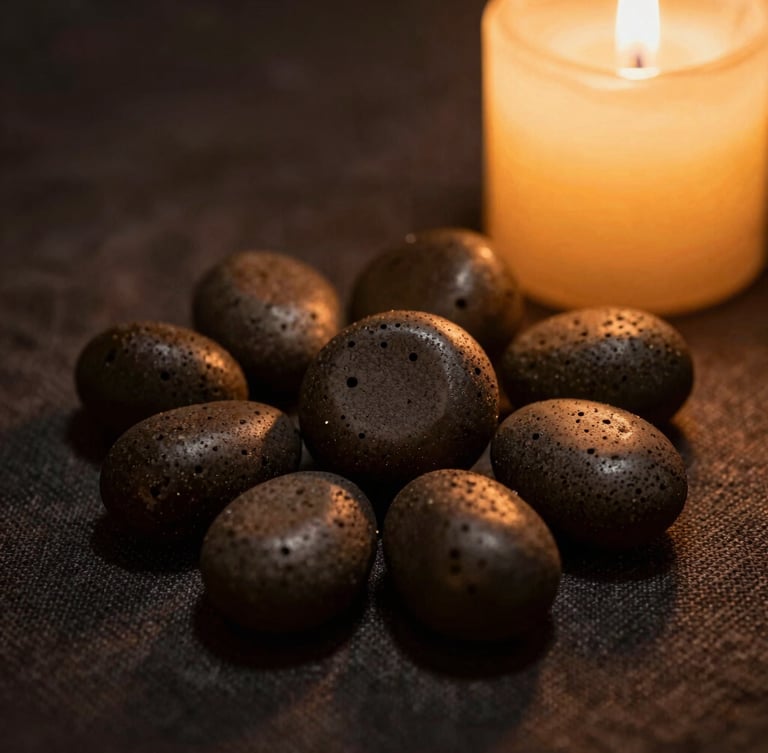 Macro shot of heated basalt stones resting on textured dark linen, warm amber candlelight, soft shadows, 35mm