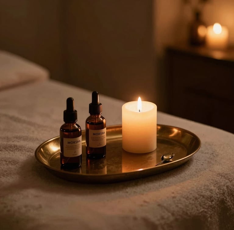 Dimly lit elegant treatment room at Moksha Spa, warm amber lighting, candlelit glow, premium oils on a bronze tray, 35mm photography