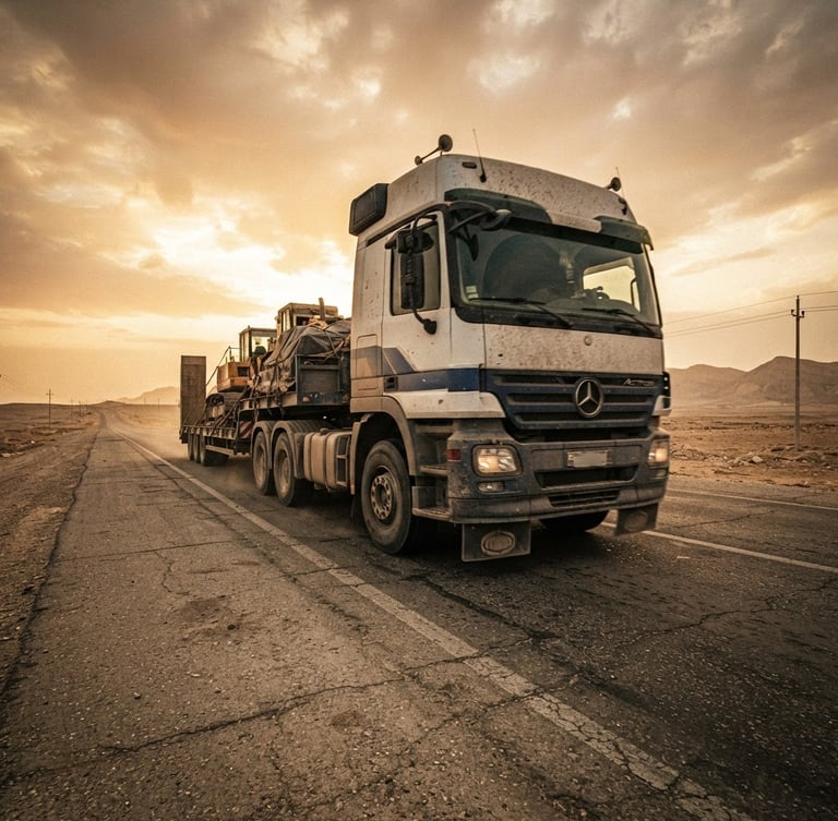 Wide-angle low-angle shot of a heavy-duty modern transport truck driving on a dry desert highway in Iraq, harsh golden hour lighting, cinematic grit, industrial documentary style.