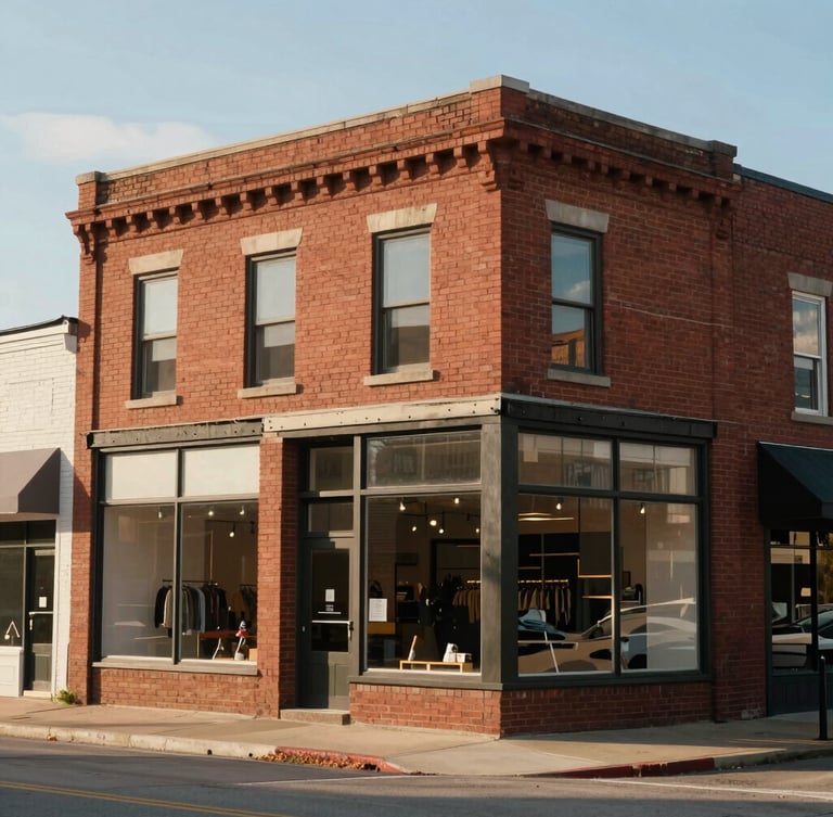 A historic brick retail storefront in a Minnesota town, clean architecture, natural morning light casting soft shadows, captured from an angled perspective.