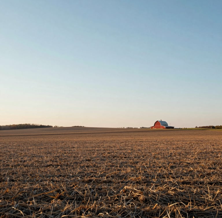 Wide environmental shot of expansive Minnesota agricultural fields under soft early morning light, a distant red barn on the horizon, clean composition with generous sky.
