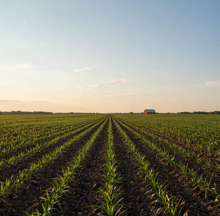 Wide environmental shot of an expansive Minnesota agricultural landscape at early morning, golden light skimming across rich soil and green crops, a distant red barn on the horizon, generous sky.