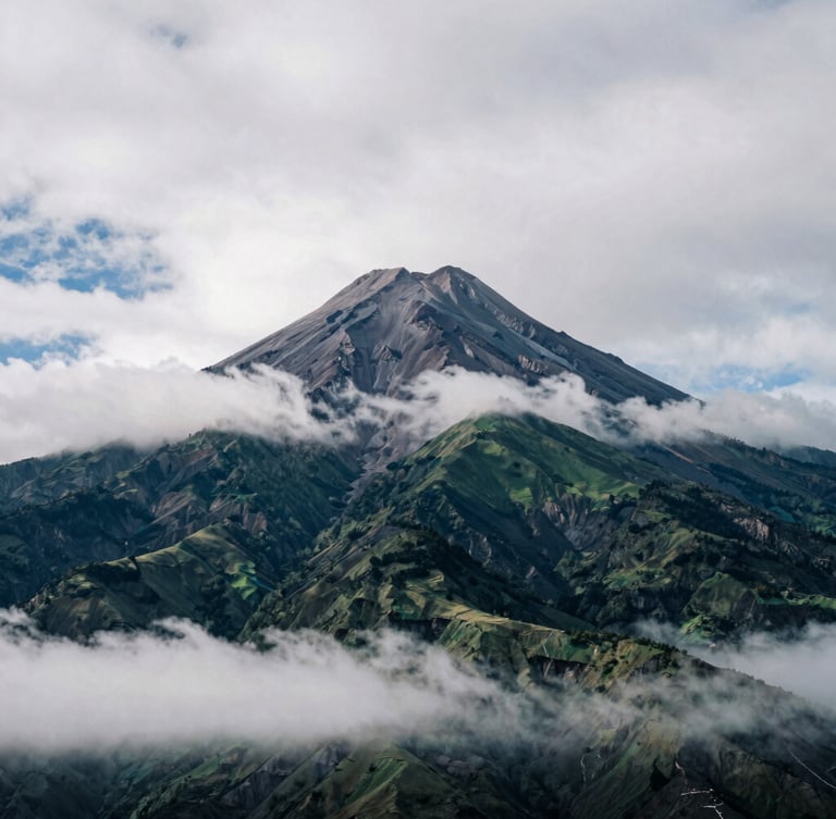 Misty Andean landscape with the Cotopaxi volcano peak emerging from clouds, cool overcast mountain light, high contrast, 35mm