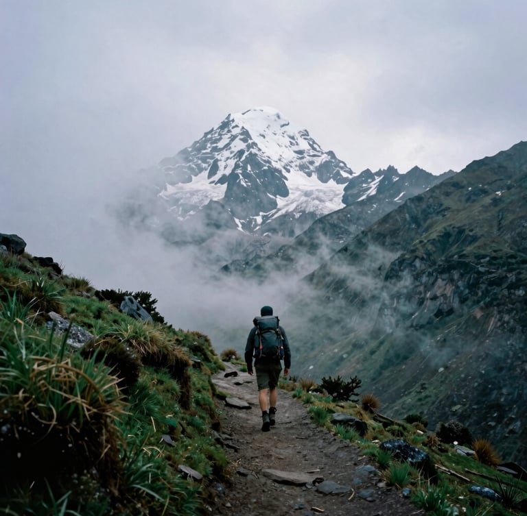 Environmental shot of a hiker on a misty Andean trail, the snow-capped peak of El Corazón visible in the background through cool overcast skies, 35mm photography