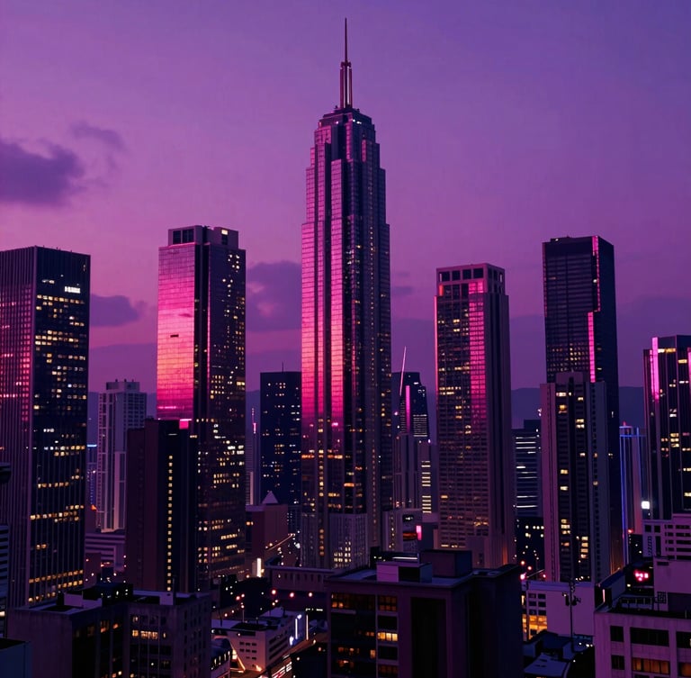 Cinematic wide-angle shot of the Vice City skyline at twilight, towering skyscrapers reflecting glowing pink and purple neon lights, dark synthwave aesthetic, 8k