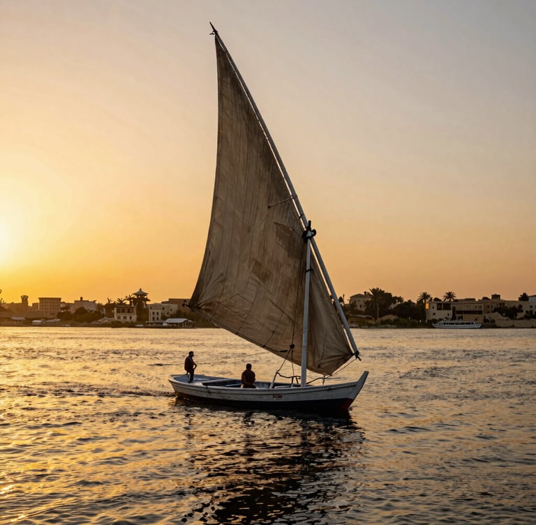Wide cinematic view of the Nile River in Cairo at sunset, traditional wooden felucca sailboat in the foreground, golden light reflecting on water, 35mm.