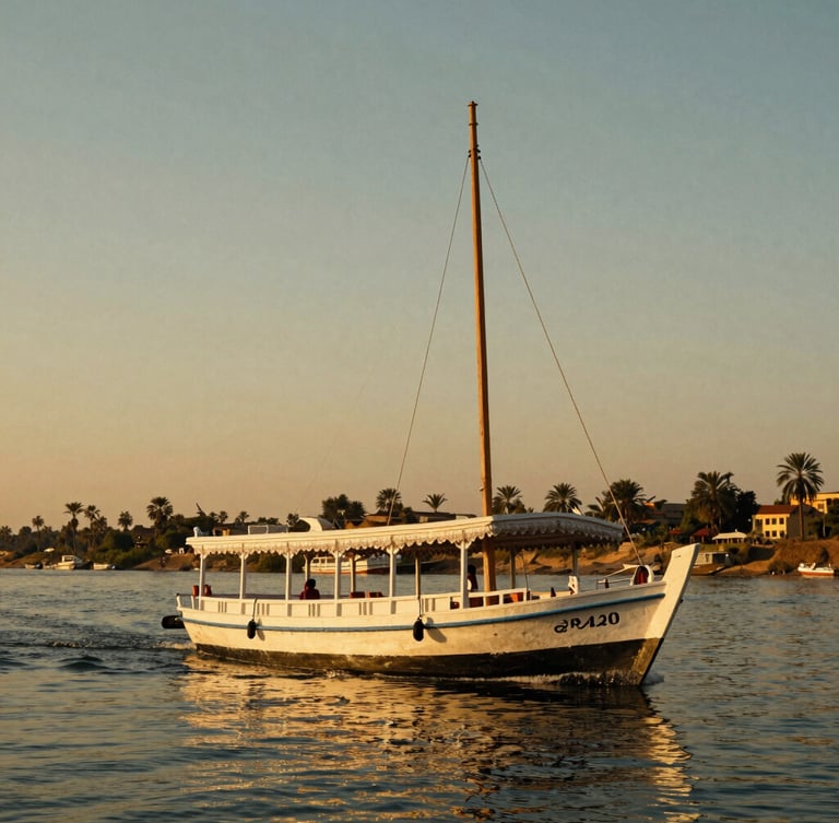 Cinematic portrait-aspect shot of a luxury private dahabiya boat sailing the Nile at golden hour, warm saturated colors, deep shadows, 35mm.