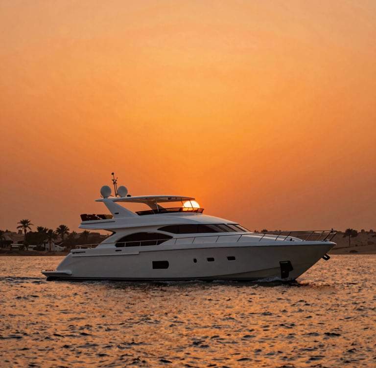 A private luxury yacht sailing on the Nile at golden hour, deep orange sky, high-contrast editorial travel photography