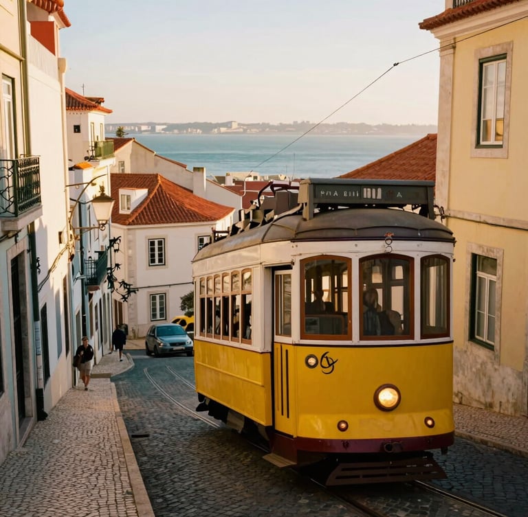 Cinematic golden-hour shot of Lisbon's historic yellow tram climbing a steep cobblestone street, pastel-colored buildings, warm terracotta roofs, Atlantic ocean in the far background, 35mm photography.