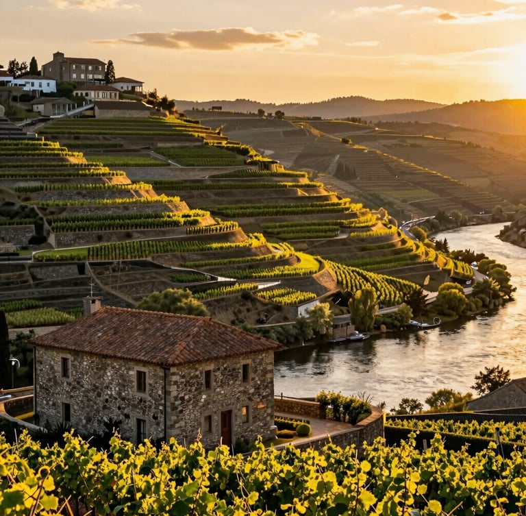 Wide shot of terraced vineyards in the Douro Valley at sunset, golden light reflecting off the Douro River, a private stone estate in the foreground, vibrant editorial travel style.