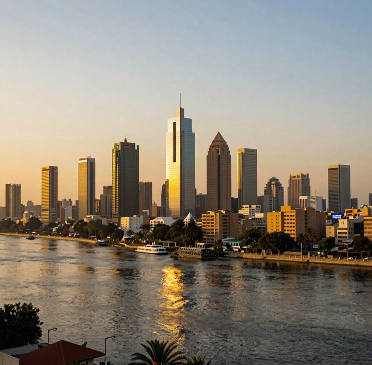 A wide-angle cinematic shot of the bustling Cairo skyline at golden hour, the Nile river curving through modern towers, soft warm sunlight reflecting off the water.