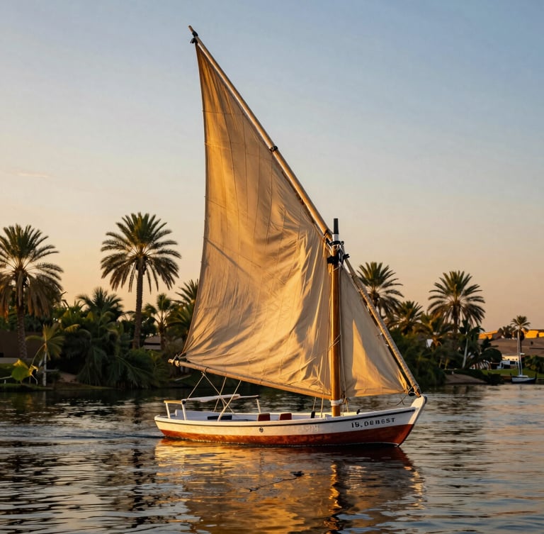 An elegant wooden felucca sailboat gliding on the Nile River at sunset, warm golden light reflecting on the water, lush green palms along the riverbank, cinematic depth of field.