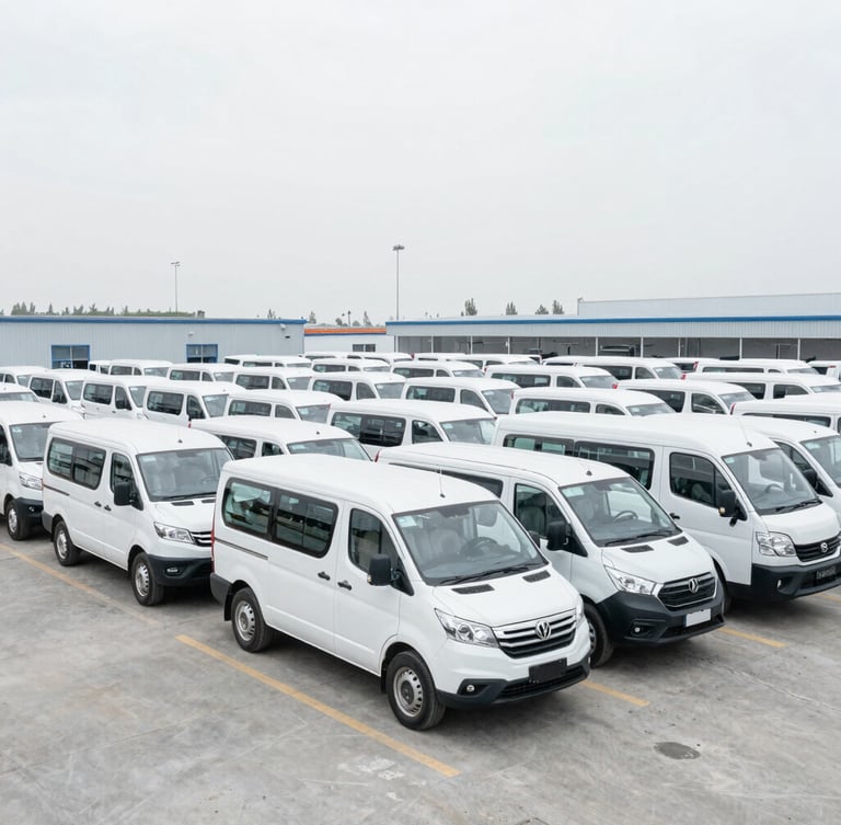 Wide-angle environmental shot of a clean wholesale holding lot filled with uniform white passenger vehicles under bright overcast daylight, desaturated cool tones, sharp focus