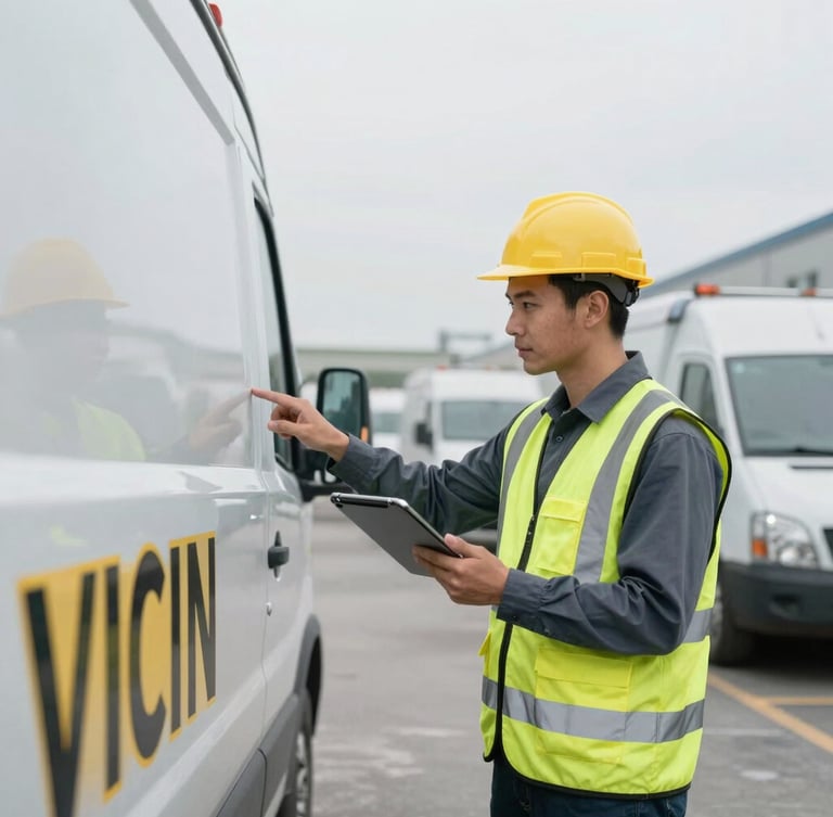 Eye-level industrial composition of a professional logistics specialist in high-visibility gear holding a digital tablet, inspecting a vehicle VIN plate, bright overcast daylight, desaturated cool tones
