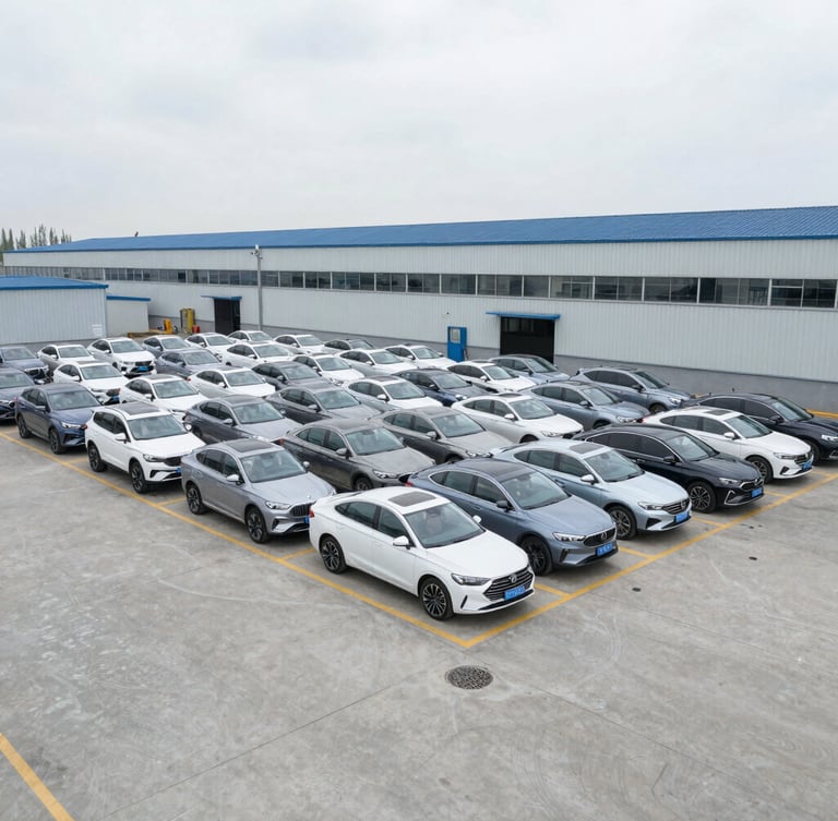 A wide-angle industrial shot of a clean vehicle holding lot with structured rows of modern passenger sedans under bright overcast daylight, desaturated cool tones.