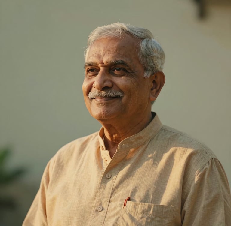 Dignified elderly Indian person smiling serenely, warm diffused golden hour light, peaceful and secure environment